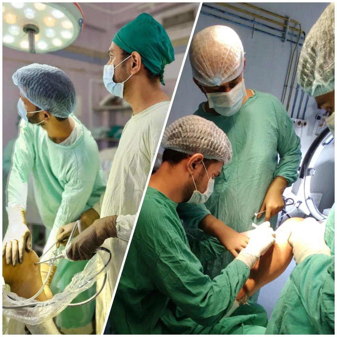 Arthroscopic procedure in progress, split view of the surgical team at work