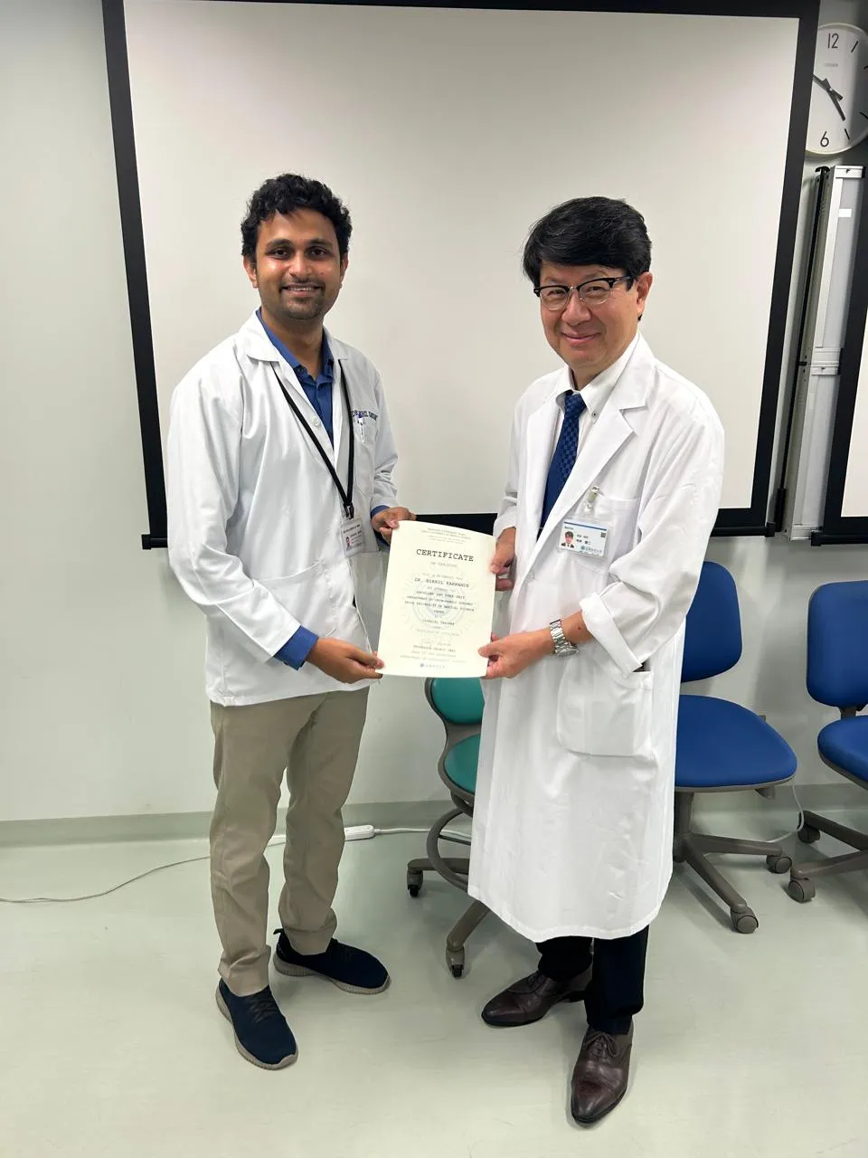 Certificate of training presented at Shiga University of Medical Science